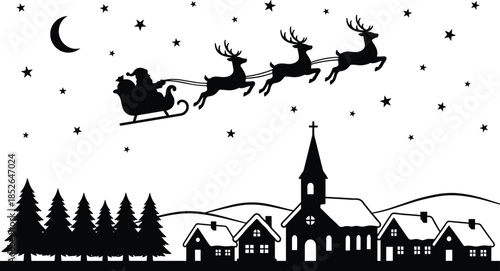 Santa Claus flying over snowy village night with reindeer sleigh moon stars and winter town silhouette isolated black vector illustration