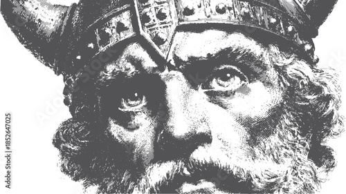 Viking character portrait in black and white. Detailed historical vector illustration featuring an expressive face and traditional helmet, set of artwork.