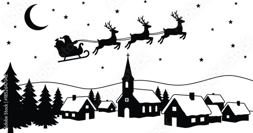 Santa Claus flying over snowy winter village night with reindeer sleigh moon stars and church town silhouette isolated black vector
