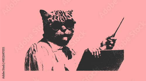 A whimsical cat character in a vintage illustration style. The feline wears glasses and a suit, set against a pink background, perfect for vector art.