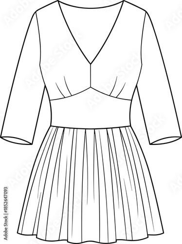Women fashion dress technical line drawing featuring V neck bodice and pleated skirt isolated vector illustration apparel designWomen fashion dress technical line drawing featuring V neck bodice 
