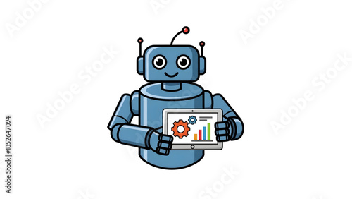 Friendly robotic assistant presenting data analysis and technological insights on a digital tablet, fir modern automation tasks