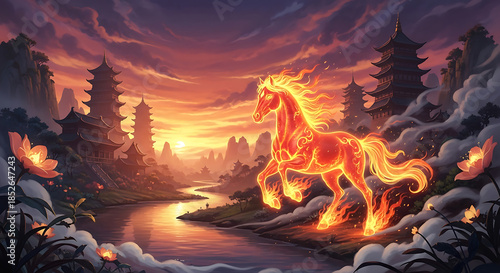 Mythical Fiery Horse Galloping Through an Enchanted Oriental Landscape at Sunset