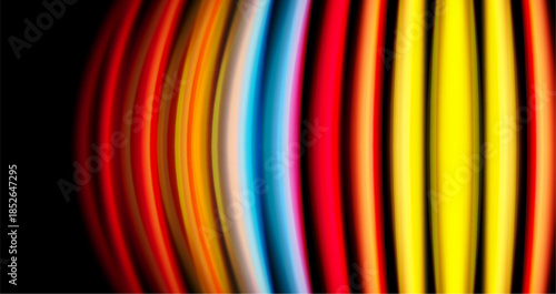 Abstract colorful lines create wavy pattern. Bright hues contrast against dark background. Smooth gradients suggest movement, depth.