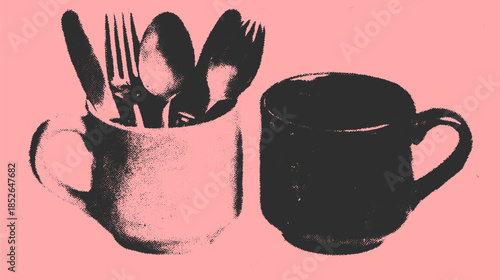 Set of cups and cutlery: a white cup with forks and spoons alongside a black cup. Simple vector illustration on a pink background.