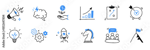 Business and Startup Development Concept in Modern Doodle Style Vector Illustration of Innovation Strategy and Success Featuring Various Essential Elements