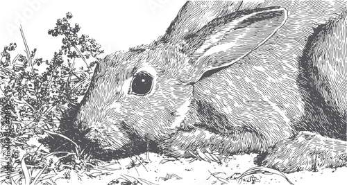 Detailed illustration of a rabbit foraging in grass. Realistic vector art shows the animal's features and fur texture in a natural backdrop.