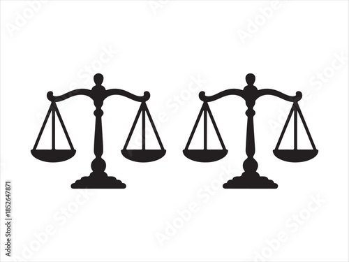 Balance scale silhouettes, justice scale icons, legal balance symbols, vector illustration, black isolated design