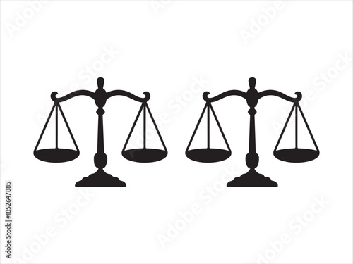 Balance scale silhouettes, justice scale icons, legal balance symbols, vector illustration, black isolated design