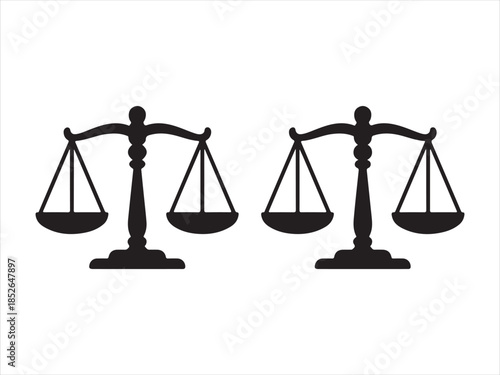 Balance scale silhouettes, justice scale icons, legal balance symbols, vector illustration, black isolated design