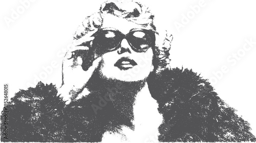 Fashion model wearing sunglasses and fur coat in a black and white illustration. A sophisticated vector depiction expressing elegance.