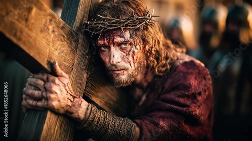 Actor portraying Jesus carries heavy wooden cross through crowd under harsh light symbolizing sacrifice suffering faith and dramatic biblical passion story