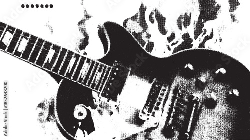 Electric guitar graphic design in black and white. Modern vector illustration showcasing the instrument with a textured background.