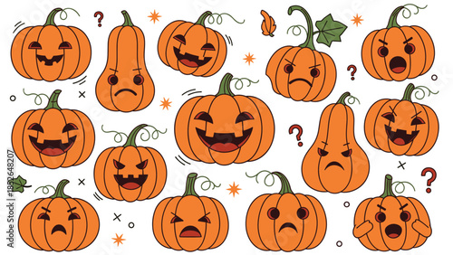 Large assortment of orange halloween pumpkins with various spooky and funny carved faces alongside decorative stars and question marks.