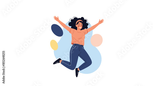Joyful young woman with curly hair is jumping high in the air with her arms outstretched against a minimal white and blue background.