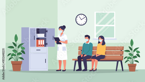Medical clinic interior shows a nurse with a clipboard standing near a cabinet while two patients wait on a bench wearing face masks.