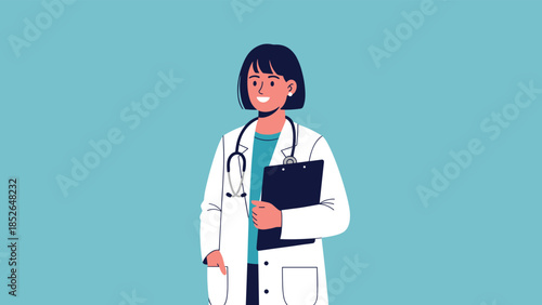 Confident female doctor wearing a white lab coat and holding a clipboard stands professionally against a solid light blue background.