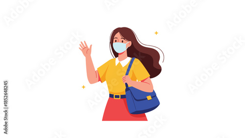 Smiling young woman wearing a protective medical mask and carrying a blue shoulder bag waves her hand against a simple white background.
