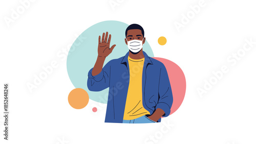 Young black man wearing a protective face mask and a blue jacket waves his hand in front of a colorful circular abstract background.