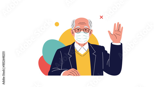 Senior man wearing a formal suit and a protective face mask waves his hand politely against a colorful abstract backdrop decoration.