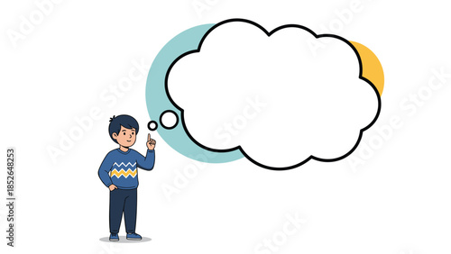 Cute young boy in a blue sweater stands next to a large blank white thought bubble where text or ideas can be easily added for design.