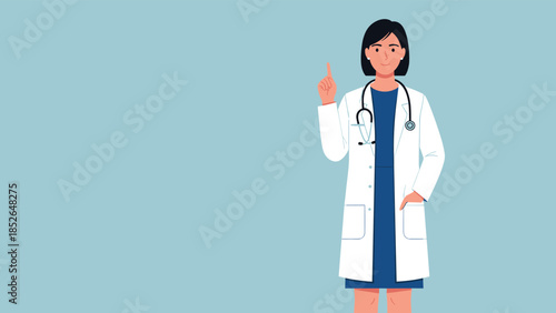 Professional female doctor in a white lab coat and blue dress points her finger upwards to share important medical advice or information.