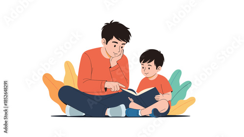Loving father and his young son sit comfortably on the floor while reading an interesting storybook together in a warm domestic scene.