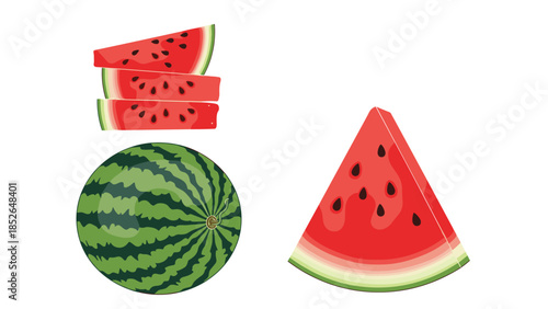 Fresh and juicy watermelon is shown as a whole fruit and in several red sliced pieces with black seeds on a clean white background.