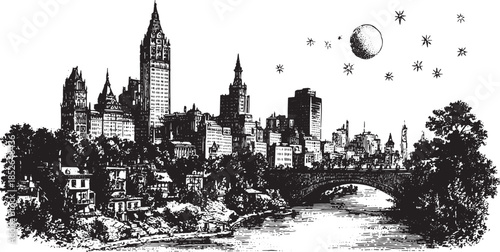 Detailed nighttime city skyline illustration in ink. Black and white urban view with buildings, bridge, water, stars, and moon in a vector format.