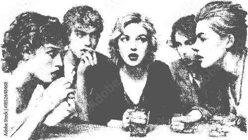 Group of young people engaged in conversation around a table. The black and white vector illustration captures a vintage style with drinks and relaxed expressions.