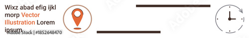 Time management, navigation, scheduling, workflow planning, organization, productivity. A location pin connects to a clock in a linear path. Time management and navigation concept
