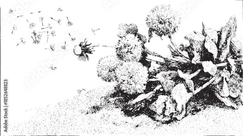 Dandelion flower illustration in black and white. Detailed botanical sketch showcasing seeds in the air, presented as a vector set.
