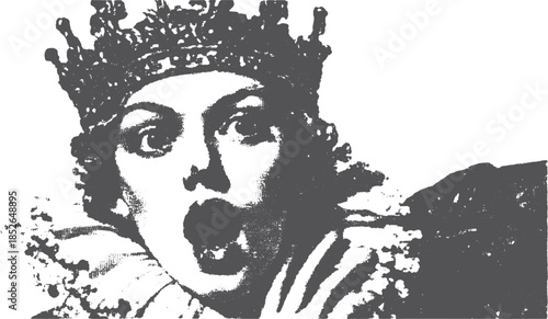 Queen's face with a surprised expression in black and white. Historical vector illustration capturing regal details and an ornate crown set.