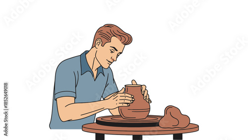 Young man creating pottery on a wheel with clay vase and lump of clay