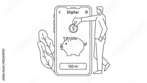 Digital saving concept with man putting coin into piggy bank on smartphone screen