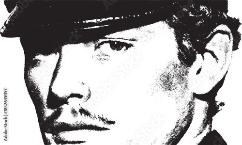 Black and white portrait of a man wearing a hat. Detailed closeup showing facial features and expression, presented as a stylish vector illustration.
