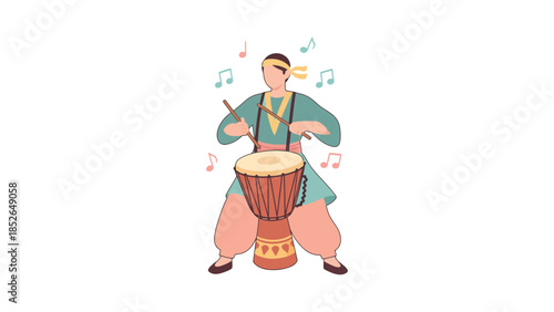Man playing a large drum with sticks and musical notes around him happily