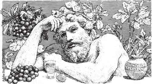 Bacchus, the god of wine, in a vintage illustration. Detailed black and white artwork shows grapes and a beverage in a timeless set vector illustration.