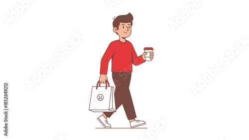 Young man walking with coffee cup and shopping bag in hand happily