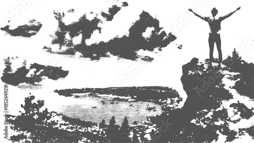 Silhouette of a person on a cliff against a landscape. Modern vector illustration emphasizing elevation and nature.