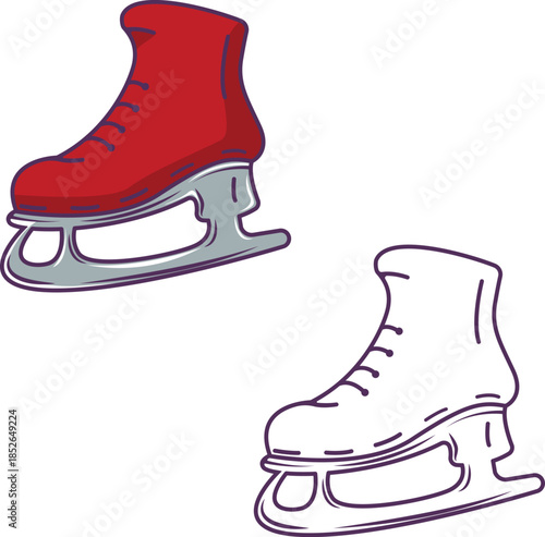 Vector illustration set of ice skating boots in color and outline styles. Clean cartoon design with smooth lines, suitable for winter sports, ice skating, holiday themes, logos, icons, stickers