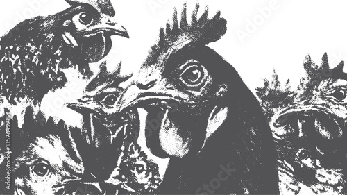 Illustration of chickens and roosters in black and white. Detailed vector artwork showcasing poultry faces in a set with artistic elements.
