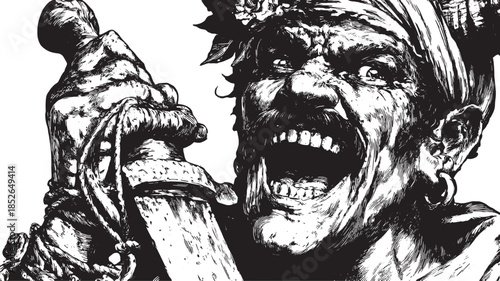 Pirate character with a sword in dynamic black and white vector illustration, showcasing fury and detailed expression in a bold art style.