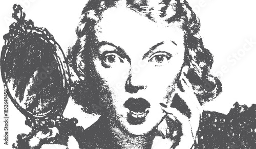 Woman with shocked expression looking into a mirror. Vintage black and white vector illustration showcasing classic style and detailed features.