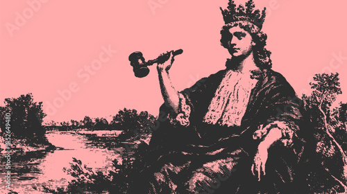 Queen figure representing justice with a gavel. Vintage monochrome illustration set against a pink background, featuring a river landscape in a vector format.