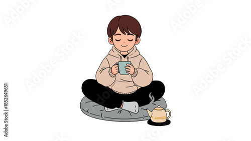 Young person enjoying a warm cup of tea while meditating peacefully