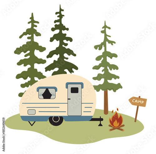 Vector illustration of a retro camping trailer in a forest clearing. Caravan, campfire, wooden camp sign and pine trees. Flat style composition, outdoor camping concept, isolated on white background.