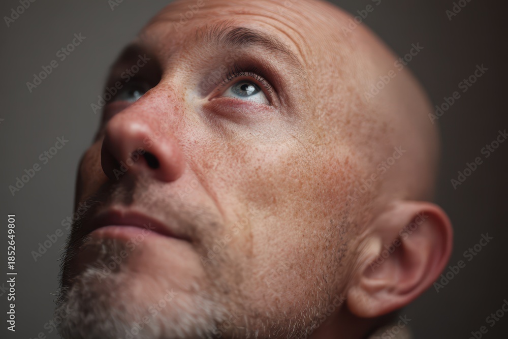 Obraz premium Studio portrait featuring a bald man seen in half-head framing and gentle light