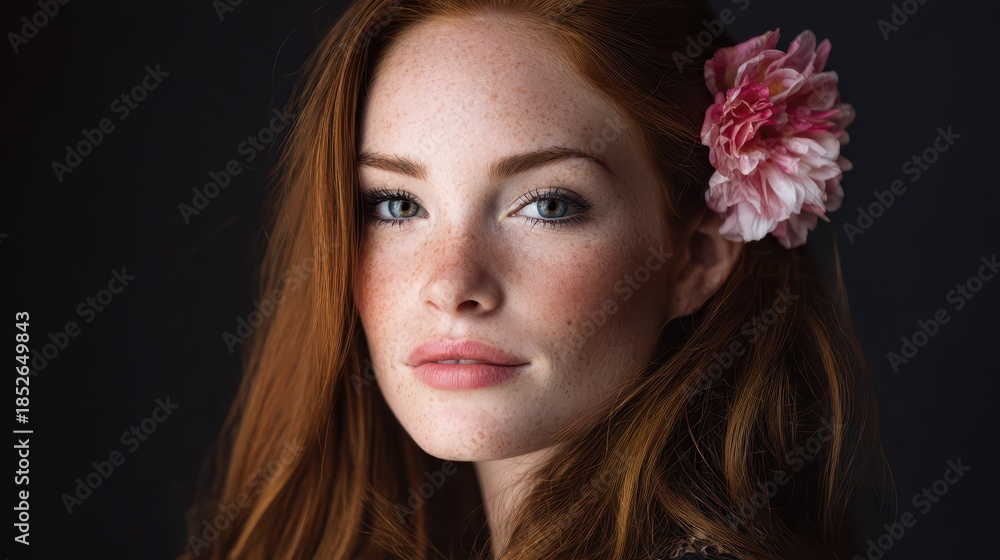 Fototapeta premium Studio portrait of a striking redhead woman with long flowing hair against a black background, natural beauty and a single flower accent