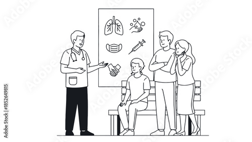 Doctor discussing health and safety with patients in a clinic setting with poster